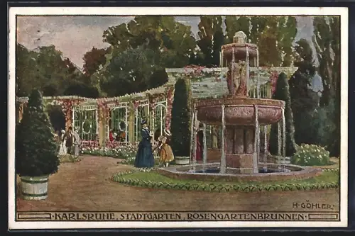 Künstler-AK Karlsruhe, Stadtgarten, Rosengartenbrunnen