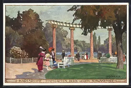 AK Karlsruhe, Stadtgarten, Blick gegen Schwanensee