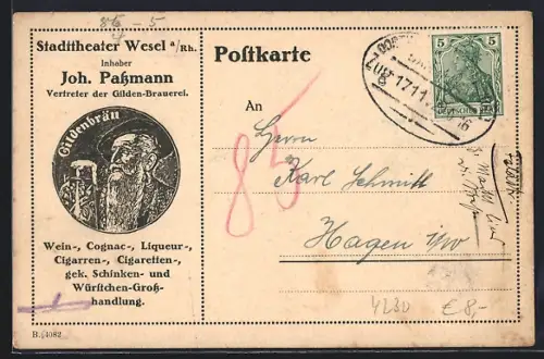 AK Wesel a. Rh., Stadttheater, Gildenbräu-Werbung, Joh. Passmann, Vertreter der Gilden-Brauerei