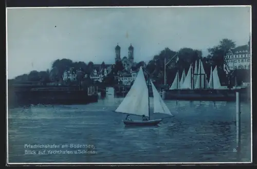 AK Friedrichshafen am Bodensee, Blick auf Yachthafen und Schloss