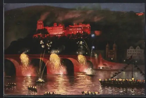 AK Heidelberg, Schlossbeleuchtung, Alte Brücke, Feuerwerk