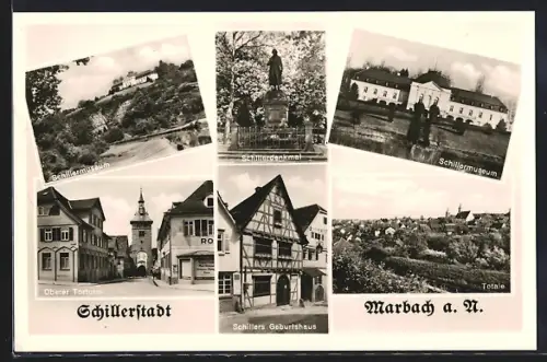 AK Marbach a. N., Schillerdenkmal, Schillermuseum, Schillers Geburtshaus