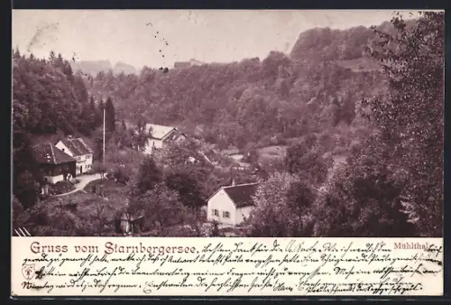 AK Starnbergersee, Mühlthal, Häuser im Tal, bewaldete Hänge
