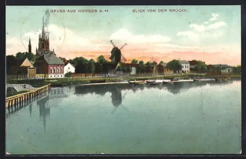AK Werder a. H., Blick von der Brücke, Kirche, Windmühle, Uferhäuser