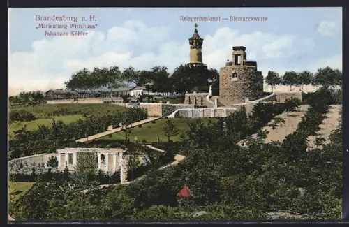 AK Brandenburg a. H., Marienberg-Wirtshaus Johannes Köhler, Kriegerdenkmal, Bismarckwarte