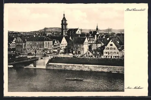 AK Bad Cannstatt, Am Neckar, Stadtansicht mit Kirche und Brücke