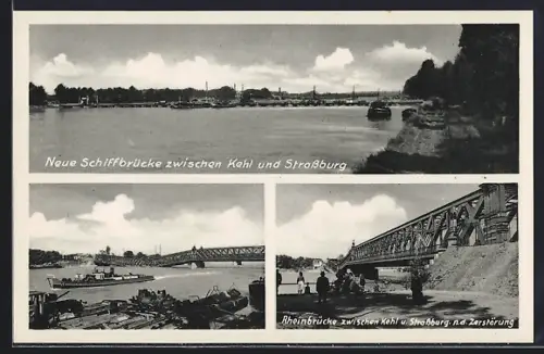AK Kehl, Neue Schiffbrücke, Rheinbrücke nach Zerstörung, Blick nach Strassburg