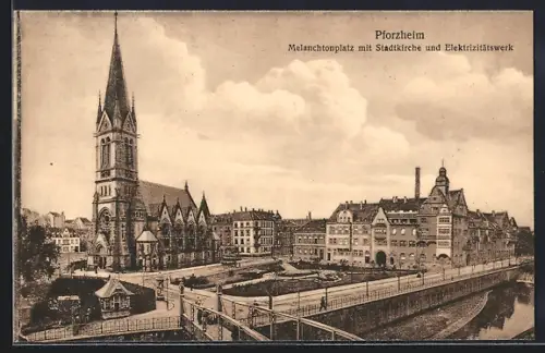 AK Pforzheim, Melanchthonplatz, Stadtkirche, Elektrizitätswerk