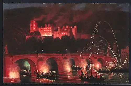 AK Heidelberg, Schlossbeleuchtung, Alte Brücke, Feuerwerk