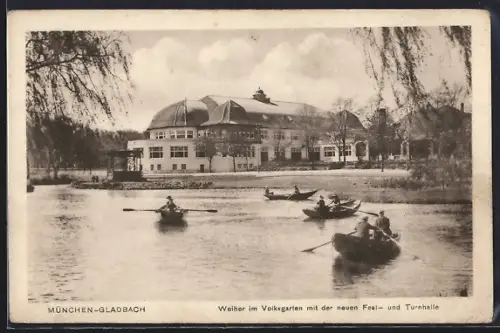 AK München-Gladbach, Weiher im Volksgarten, neue Fest- und Turnhalle