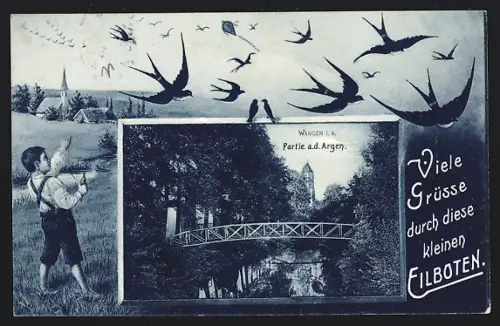Grusskarten-AK Wangen i. A., Argenpartie mit Brücke u. Turm, Knabe mit Drachen zwischen fliegenden Schwalben