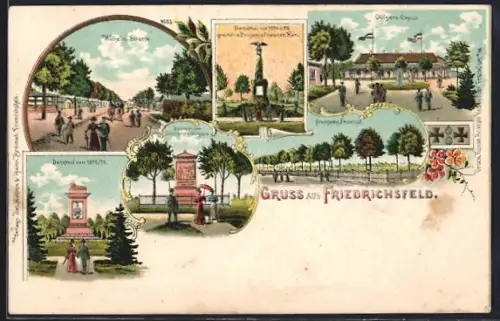 Lithographie Friedrichsfeld / Niederrhein, Teilansicht mit Offiziers-Casino, Denkmal von 1870 /71 und Franzosen-Friedhof