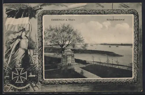 AK Emmerich a. Rhein, Kriegerdenkmal mit Rhein, Germania mit Flagge u. Eisernem Kreuz, Eichen- u. Lorbeerblatt-Rahmen