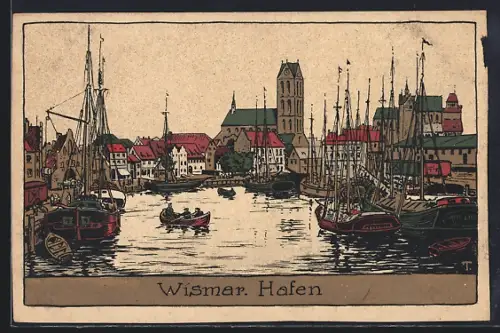 Steindruck-AK Wismar, Panoramablick auf den Hafen