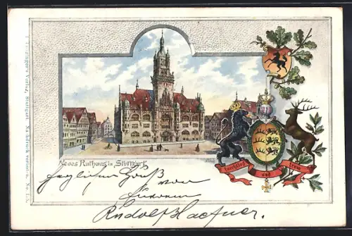 Passepartout-Lithographie Stuttgart, Neues Rathaus mit Wappen