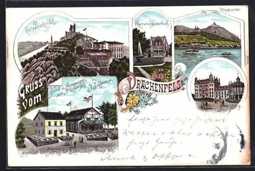 Lithographie Königswinter, Hotel-Restaurant zum Drachenfels J. Schlemmer, Ruine, Ortspartie Petersberg, Ortsansicht