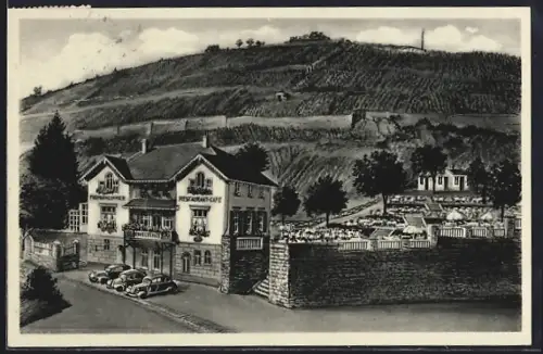 Künstler-AK Koblenz-Laubach, Café Restaurant Schweizerhaus mit Autos
