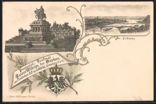 Lithographie Coblenz, Teilansicht mit Brücke, Provinzial-Denkmal Kaiser Wilhelm des Grossen, Einweihung 1897
