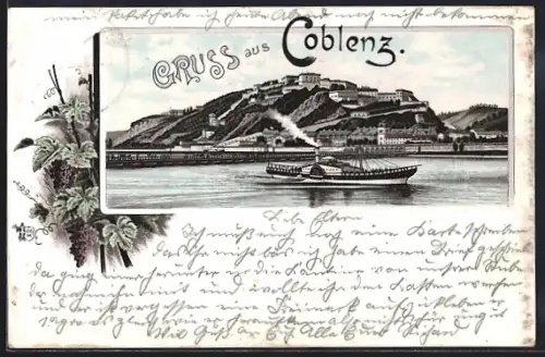 Lithographie Coblenz, Festung Ehrenbreitstein mit Rheindampfer, Weintrauben