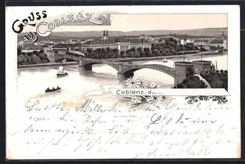Lithographie Coblenz, Ortspanorama mit Rheinbrücke aus der Vogelschau