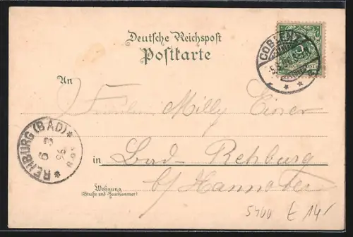 Lithographie Coblenz, Ortspanorama mit Rheinbrücke aus der Vogelschau