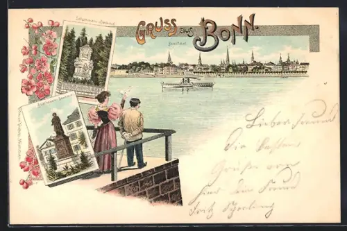 Lithographie Bonn, Ortspanorama mit Rheindampfer u. winkendem Paar, Denkmäler Schumann u. Beethoven