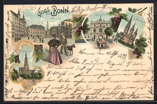 Lithographie Bonn, Marktplatz, Coblenzer Tor, Münster, Weintrauben