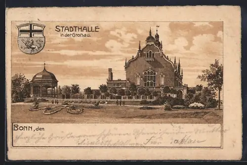 Lithographie Bonn, Stadthalle in der Gronau mit Pavillon, Wappen
