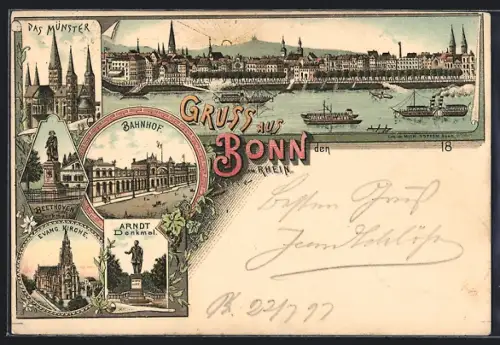 Lithographie Bonn, Bahnhof mit Strasse, Stadtpanorama mit Dampfern, Arndt-Denkmal