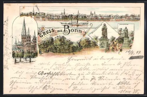 Lithographie Bonn, Stadtpanorama mit Dampfer, Arndt-Denkmal, Münster