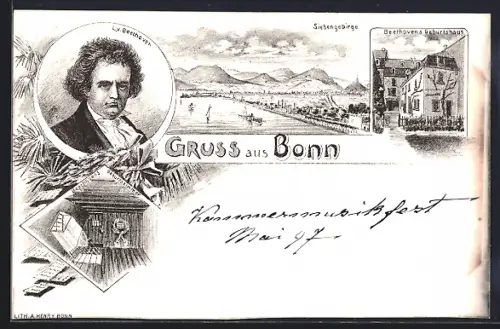 Lithographie Bonn, Beethoven: Portrait u. Geburtshaus mit Strasse u. Geburtszimmer, Ortsansicht mit Siebengebirge
