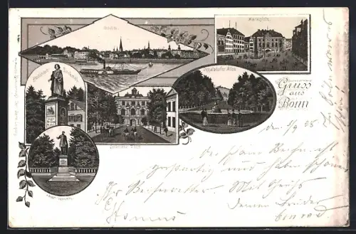 Lithographie Bonn, Ortsansicht, Marktplatz, Poppelsdorfer Allee, Beethoven-Denkmal