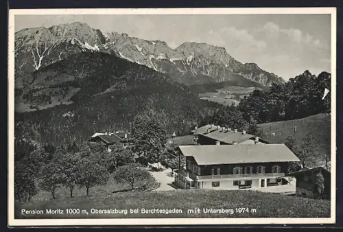 AK Obersalzberg bei Berchtesgaden, Hotel-Pension Moritz / Haus Platterhof mit Strasse u. Untersberg aus der Vogelschau
