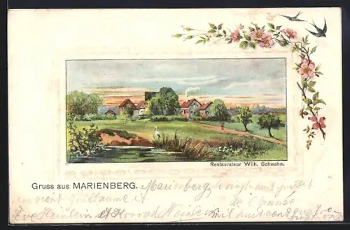 Künstler-AK Marienberg /Nürnberg, Ortsansicht mit Landstrasse von einem Gewässer aus, Gasthaus W. Schwahn, Schwalben