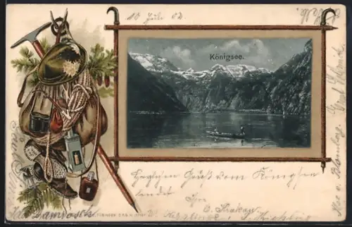 Passepartout-Lithographie Königsee / St. Bartholomä, Boot auf dem See und Wanderrucksack