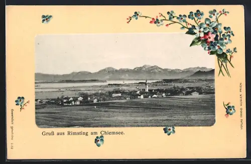 Lithographie Rimsting a, Chiemsee, Gesamtansicht mit See und Bergen, Blumenstrauss