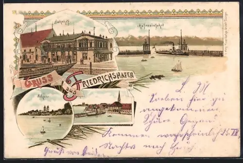 Lithographie Friedrichshafen, Bahnhof, Hafeneinfahrt, Schloss