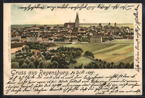 Lithographie Regensburg, Ortsansicht mit Dom und Feldern aus der Vogelschau