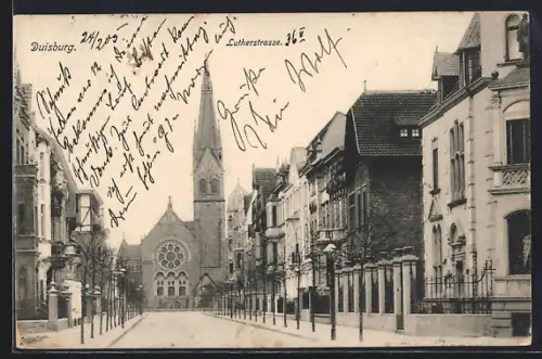 AK Duisburg, Lutherstrasse mit Kirche