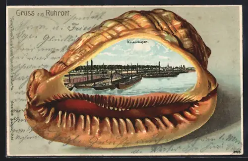 Passepartout-Lithographie Ruhrort, Kaiserhafen im Muschel-Rahmen