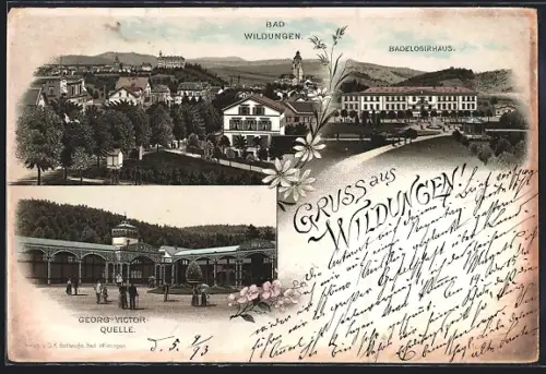 Vorläufer-Lithographie Wildungen, 1893, Badelogirhaus, Georg Victor Quelle, Teilansicht