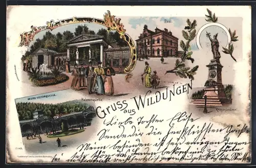 Lithographie Bad Wildungen, Post, Georg-Victorquelle, Helenenquelle und Kriegerdenkmal
