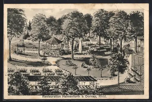 AK Dornap /Rhld., Restaurant Hahnenfurt, Gartenansicht mit Pavillon aus der Vogelschau