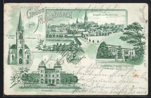 Lithographie Mönchen Gladbach, St. Josephs-Kirche, Kaiserbad, Geroplatz mit Münsterkirche