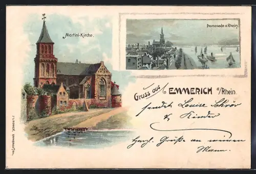 Lithographie Emmerich a. Rhein, Promenade am Rhein aus der Vogelschau, Martini-Kirche mit Gewässer