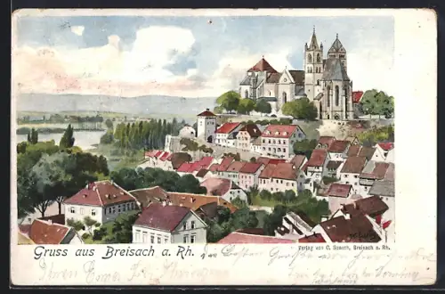 Künstler-AK Breisach a. Rh., Münster, Stadtansicht, Rhein