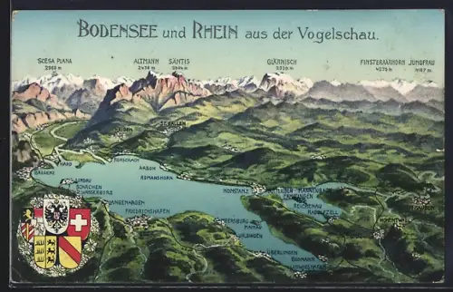 AK Friedrichshafen /Bodensee, Rhein- und Bodensee-Panorama, Wappen