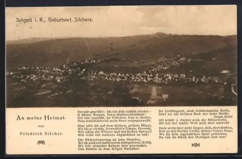 AK Schnait i. R., Geburtsort Silchers, Panoramaansicht, Gedicht An meine Heimat von Friedrich Silcher