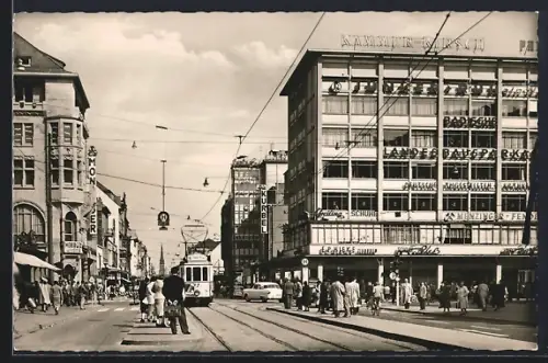 AK Karlsruhe i. B., Kaiserstrasse, Strassenbahn, Geschäft E. P. Hieke