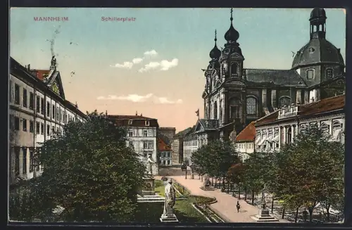 AK Mannheim, Schillerplatz, Kirche, Statue, Platzansicht
